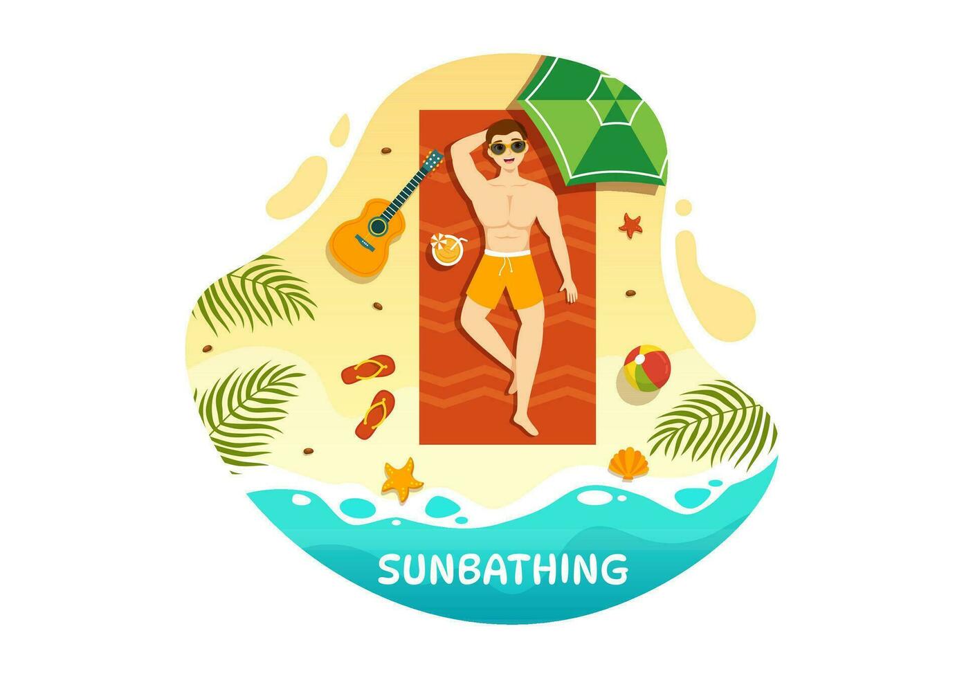 Sunbathing Vector Illustration of People Lying on Chaise Lounge and Relaxing on Beach Summer Holidays in  Flat Cartoon Hand Drawn Templates