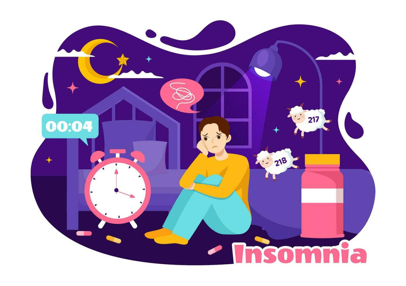 Insomnia Vector Illustration with Young People Unable to Sleep, Thinking and Eyes Open at Night Bedroom in Flat Cartoon Hand Drawn Templates