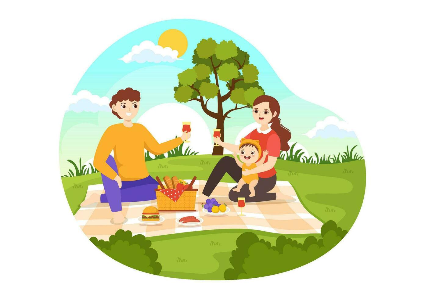 Picnic Outdoors Vector Illustration of Kids Sitting on a Green Grass in Nature on Summer Holiday Vacations in Cartoon Hand Drawn Templates