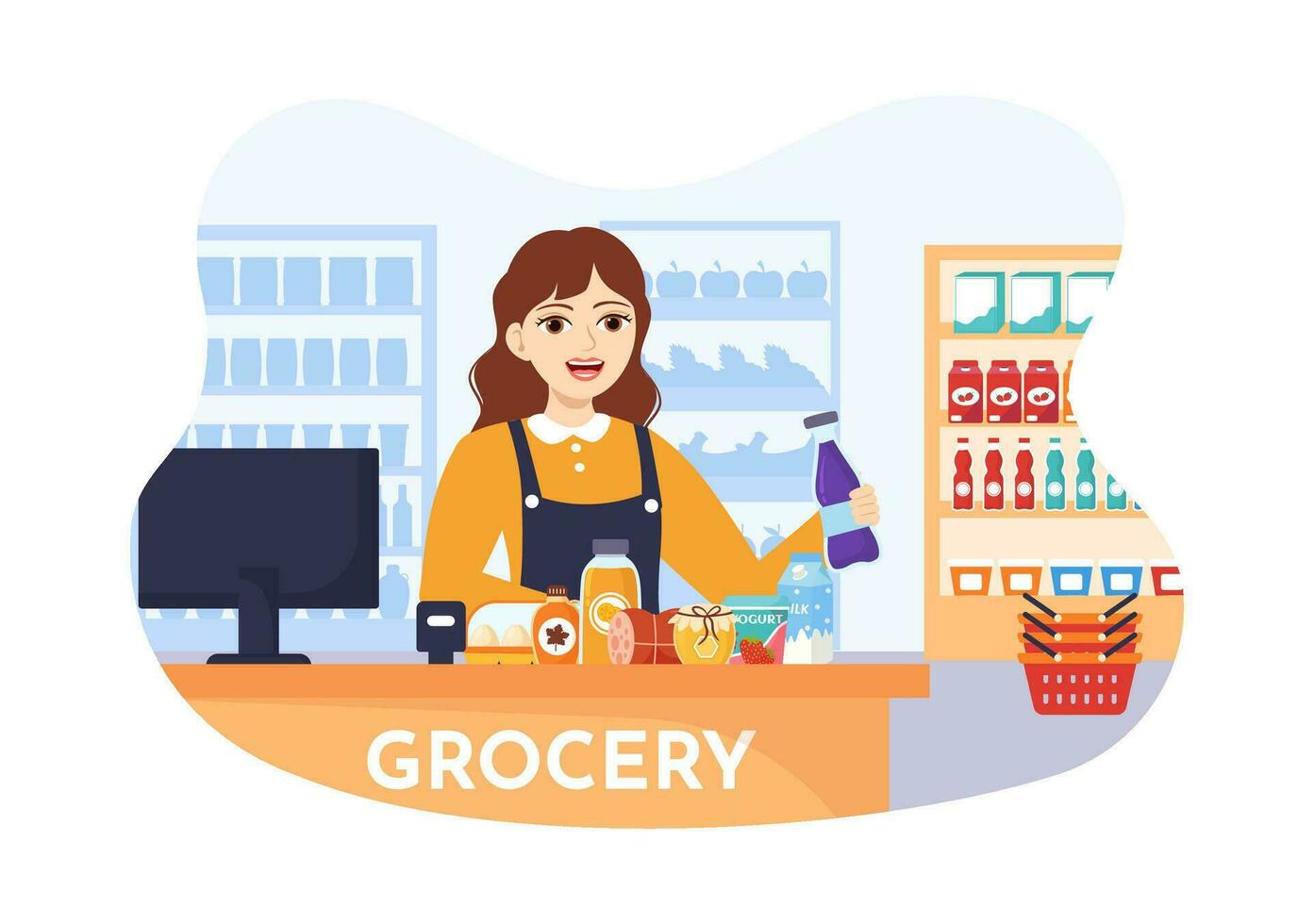 Food Grocery Store Shopping Vector Illustration with Foods Items and Products Assortiment on the Supermarket in Flat Cartoon Hand Drawn Templates