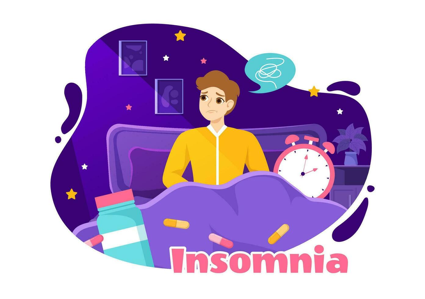 insomnio vector ilustración con joven personas incapaz a dormir, pensando y ojos abierto a noche dormitorio en plano dibujos animados mano dibujado plantillas