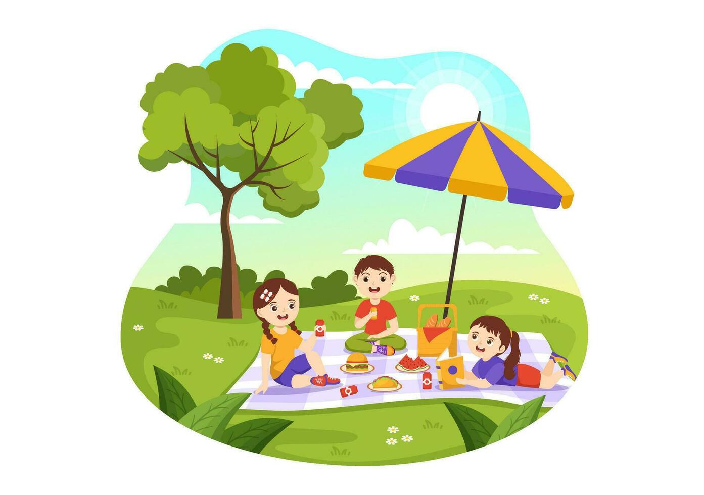 Picnic Outdoors Vector Illustration of Kids Sitting on a Green Grass in Nature on Summer Holiday Vacations in Cartoon Hand Drawn Templates