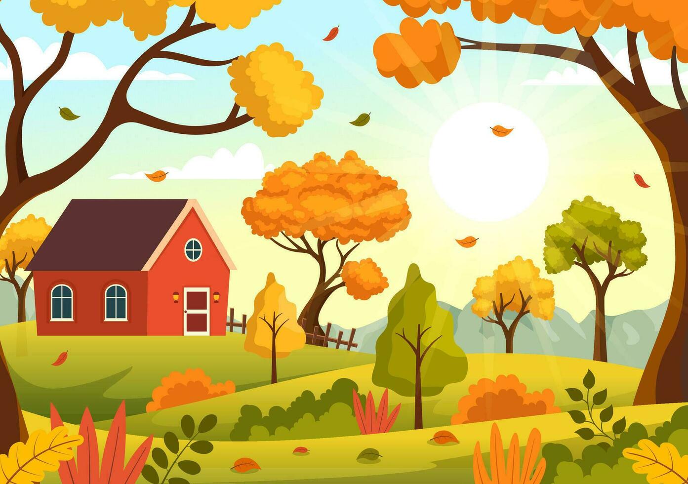 Autumn Vector Illustration Panoramic of Mountains and Maple Trees Fallen with Yellow Foliage in Flat Cartoon Hand Drawn Landing Page Templates