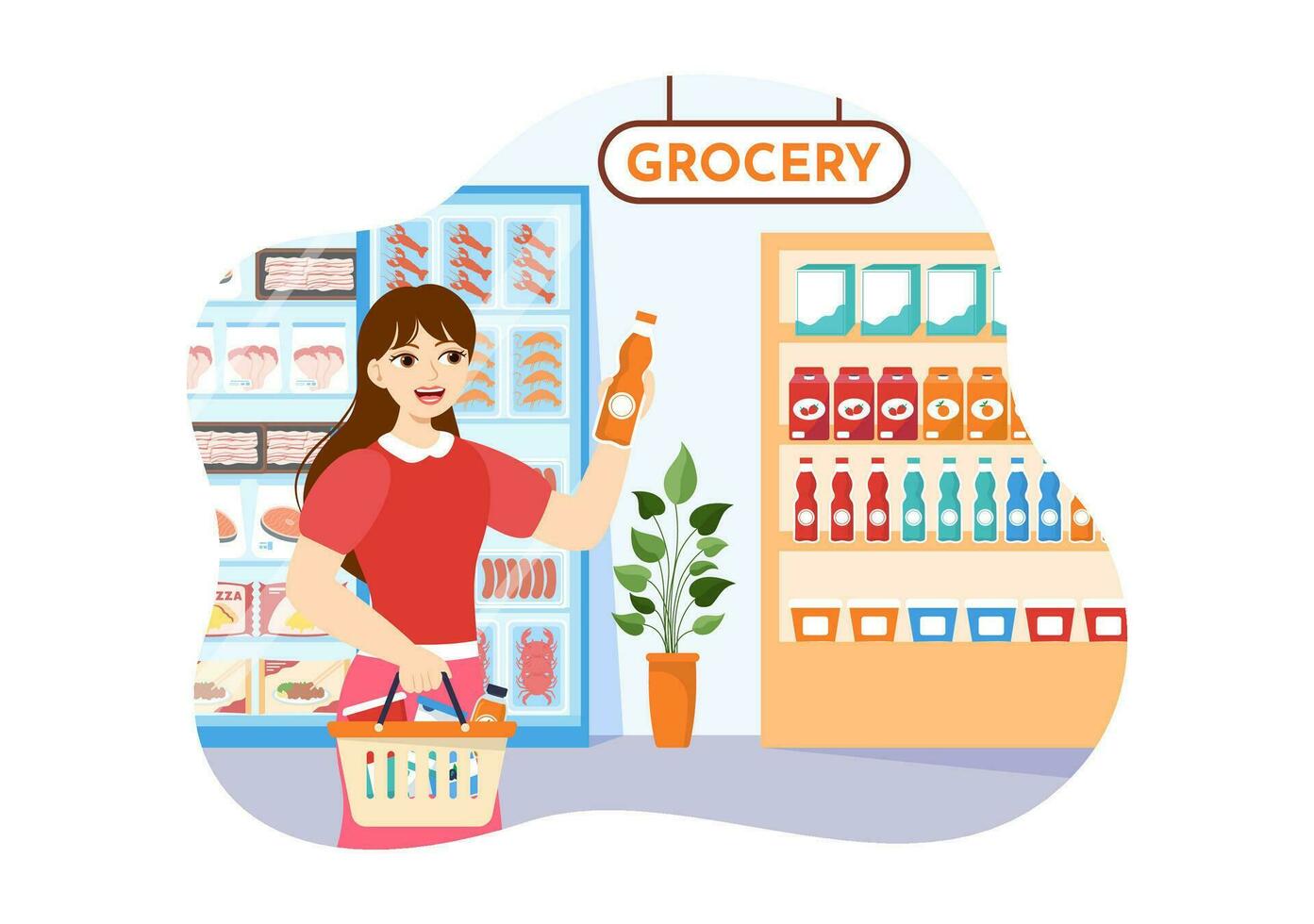 Food Grocery Store Shopping Vector Illustration with Foods Items and Products Assortiment on the Supermarket in Flat Cartoon Hand Drawn Templates