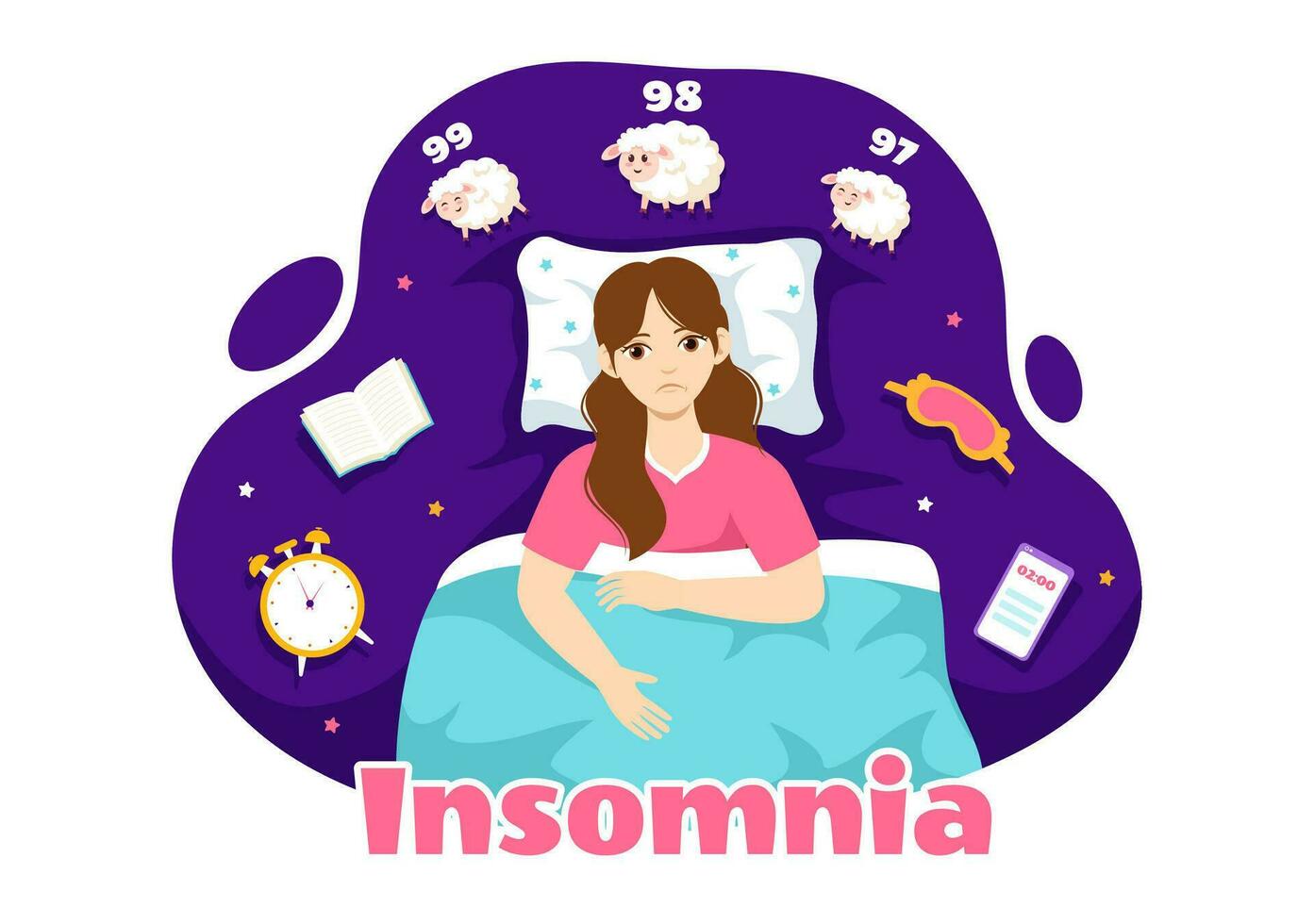 Insomnia Vector Illustration with Young People Unable to Sleep, Thinking and Eyes Open at Night Bedroom in Flat Cartoon Hand Drawn Templates