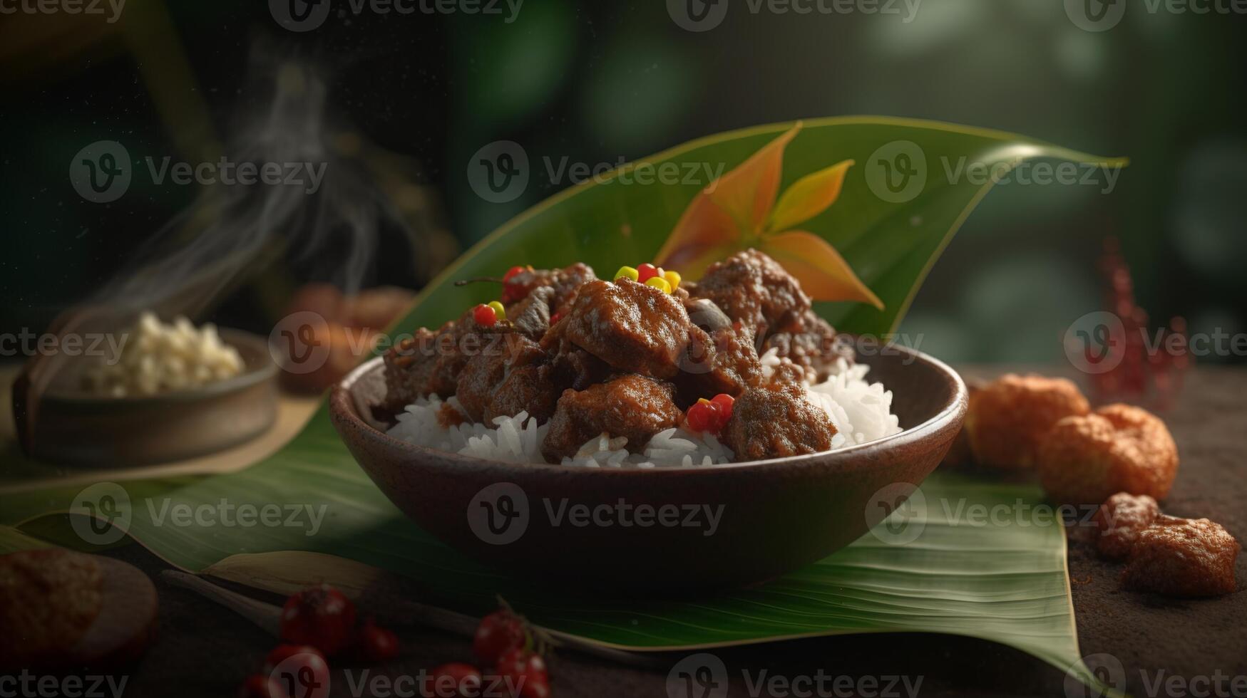 stock photo of hyperrealistic portrait rendang indonesian food photography