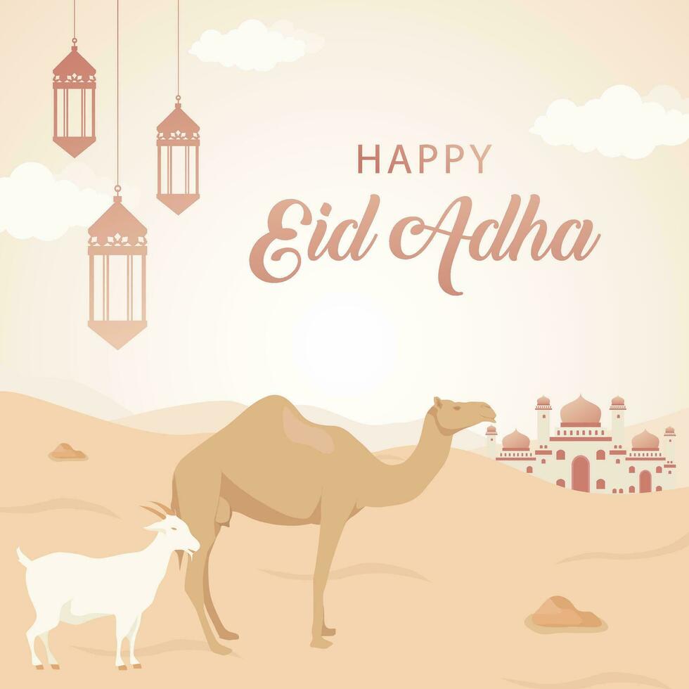 Vector Islamic Eid al Adha with goat and camel background