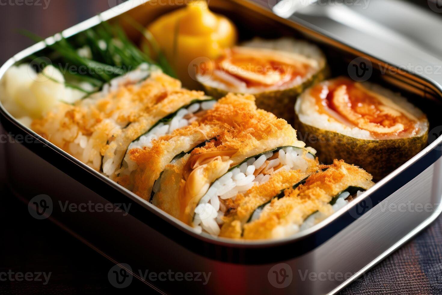 stock photo of Tamagoyaki Japanese Rolled omelette in bento with rice food photography