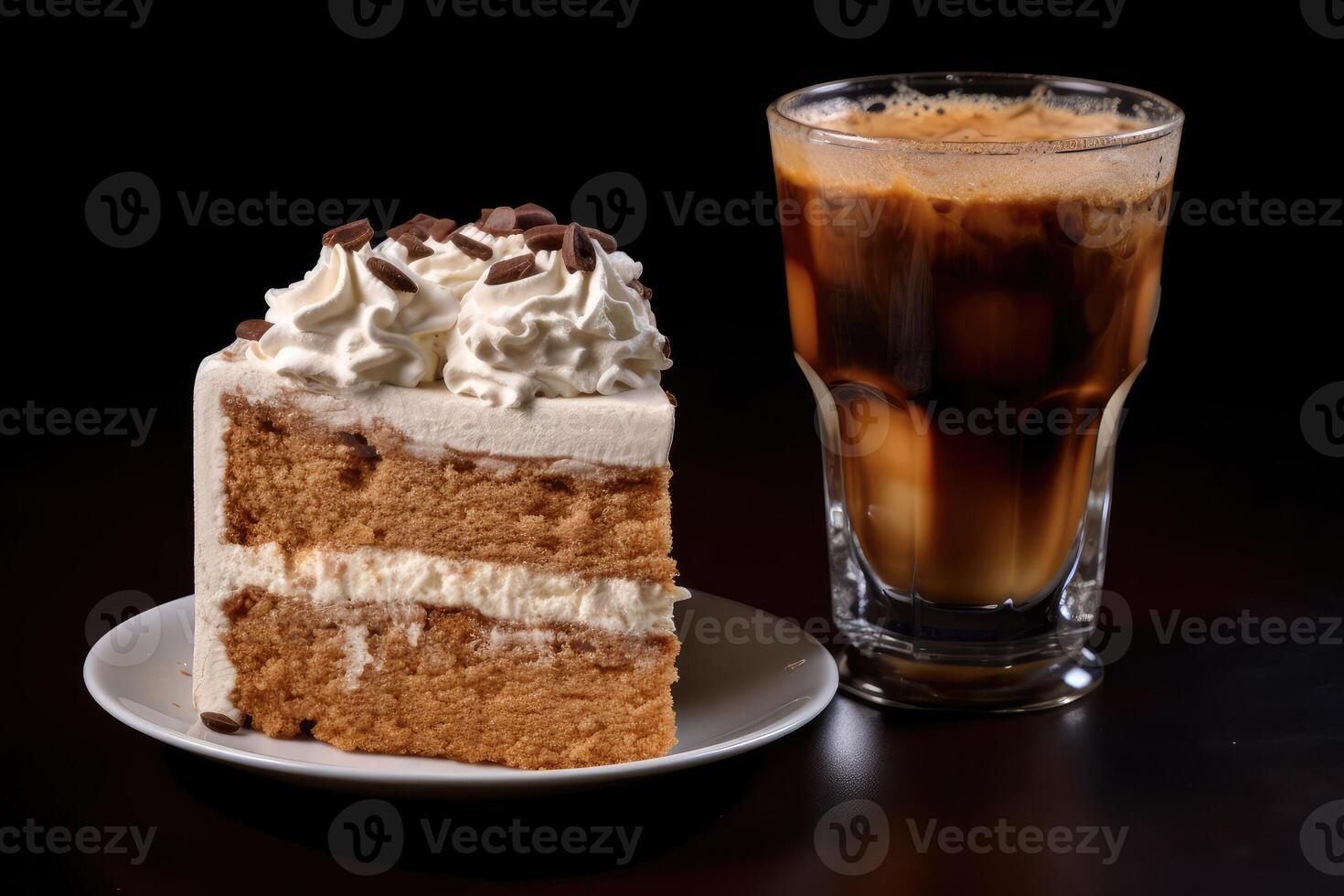 iced coffee with a slice cake Profesional advertising Food Photography AI Generated photo