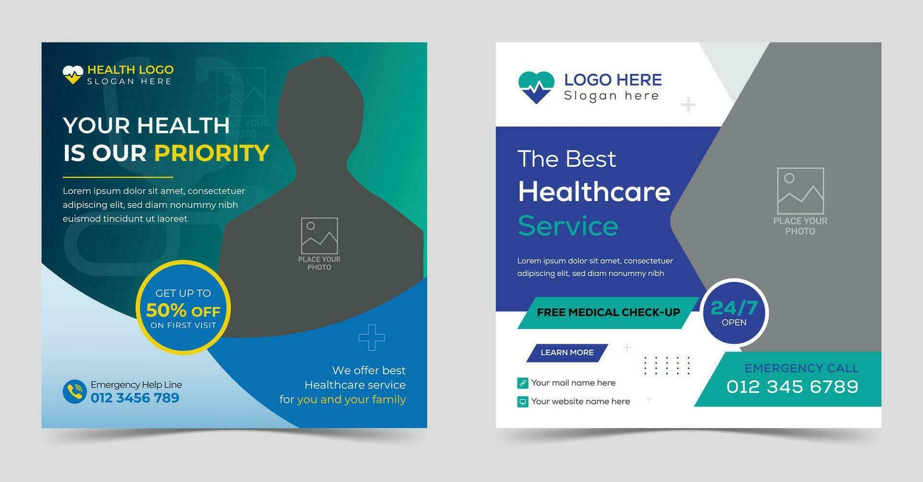 Medical healthcare and dental promotion social media post layout set for hospital with stories or square web ads flyer template ads vector