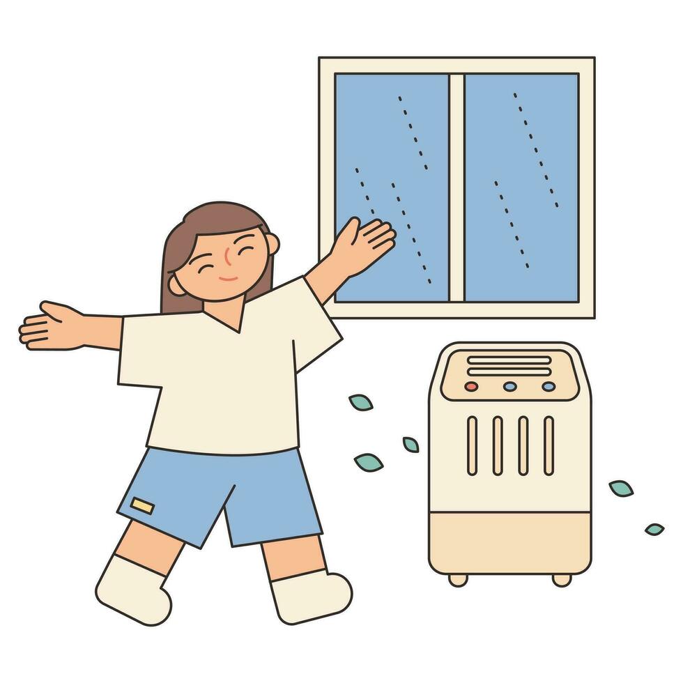 Rainy Day. A girl is having fun next to a dehumidifier on a rainy day. Simple illustration with outlines. vector