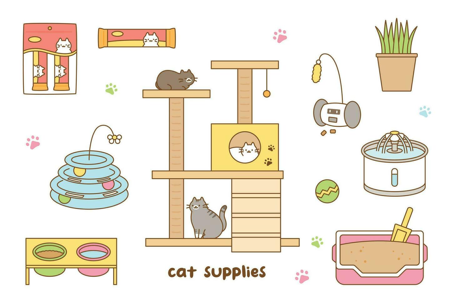 A collection of toys and household items for cats. cute outline style illustration. vector