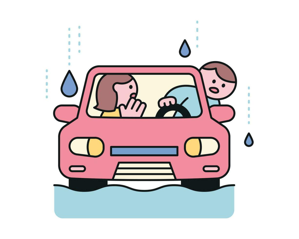 It was raining heavily, which made driving a problem. A cute and simple illustration with a thick outline. vector