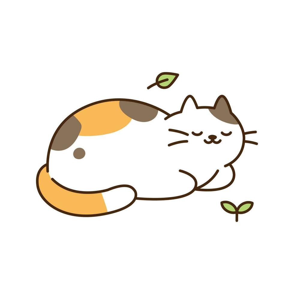 Cute cat. A tricolor cat is sleeping with a relaxed expression in a rope pose. vector