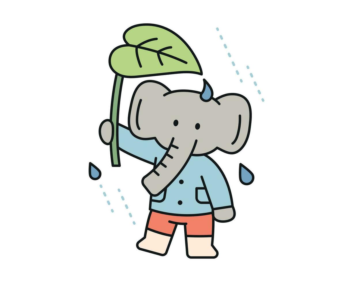 Rain day. An elephant is using a large leaf as an umbrella. A cute and simple illustration with a thick outline. vector