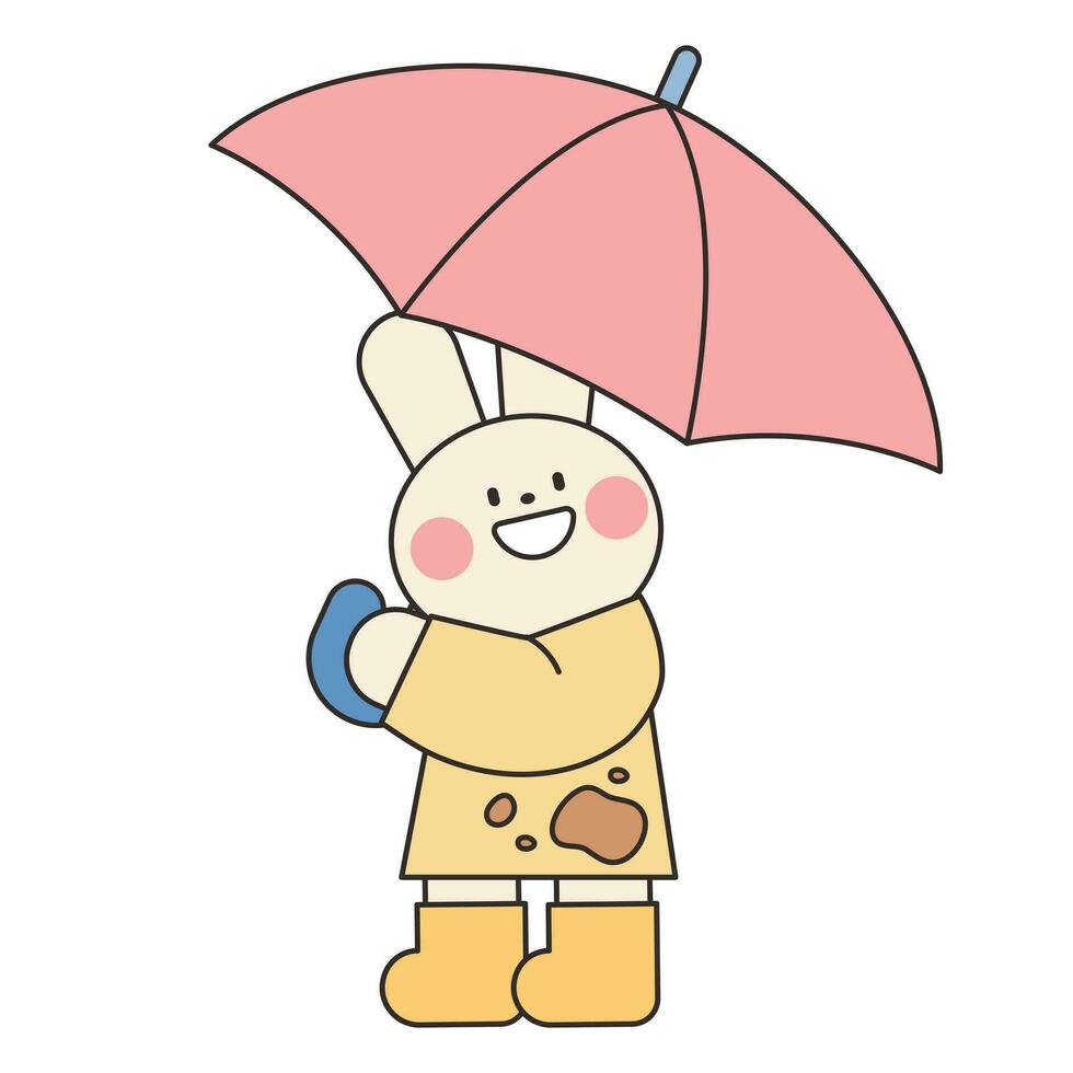 Rainy Day. A rabbit in a raincoat is holding an umbrella and smiling. Simple illustration with outlines. vector