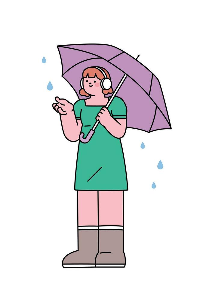 People on the street on a rainy day. A girl wearing a headset and holding an umbrella feels the rain. Simple flat design style illustration with outlines. vector