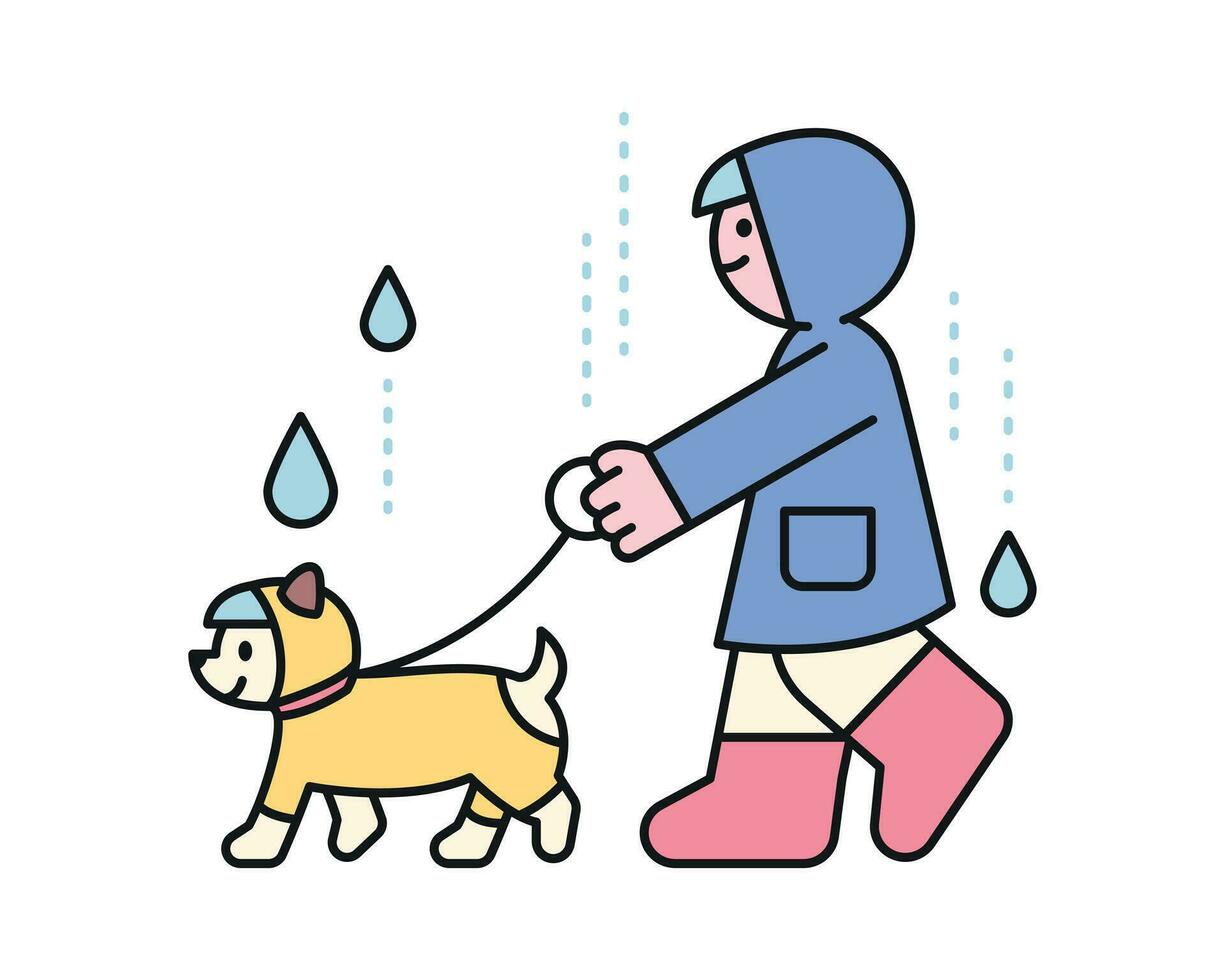 Rain day. A person and a cute dog are walking in raincoats. A cute and simple illustration with a thick outline. vector