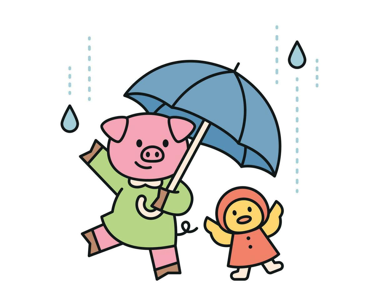 lluvia día. un cerdo y un polluelo son jugando en el lluvia con un sombrilla. un linda y sencillo ilustración con un grueso describir. vector