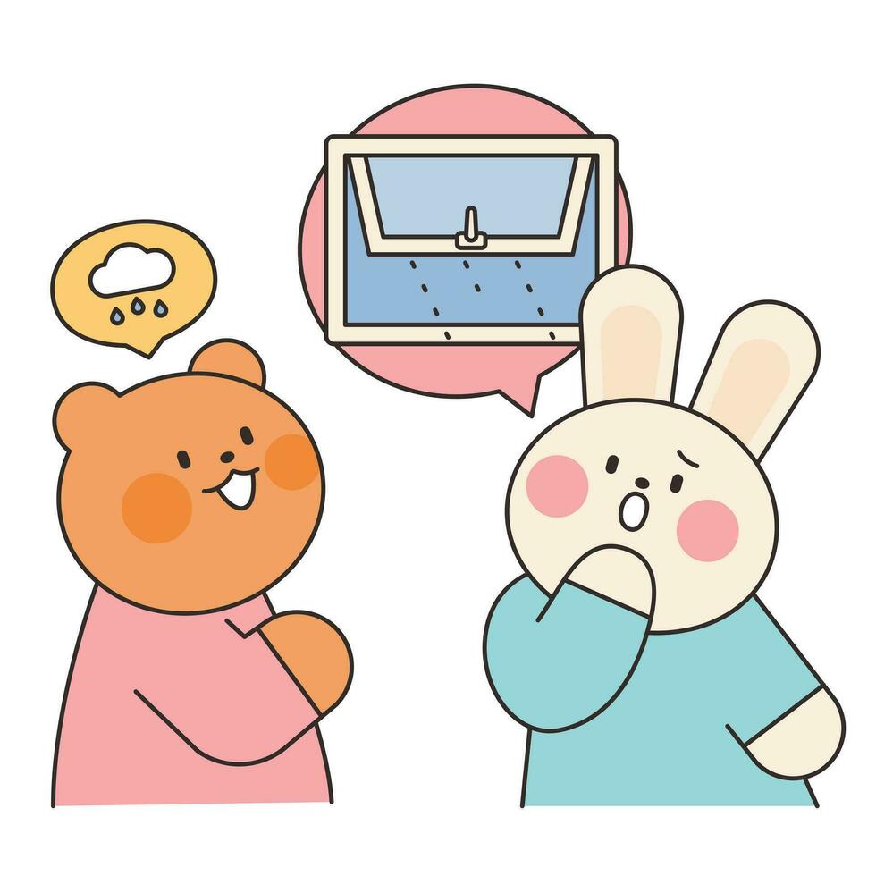 Rainy Day. The rabbit is worried when the bear tells the rain news. Simple illustration with outlines. vector