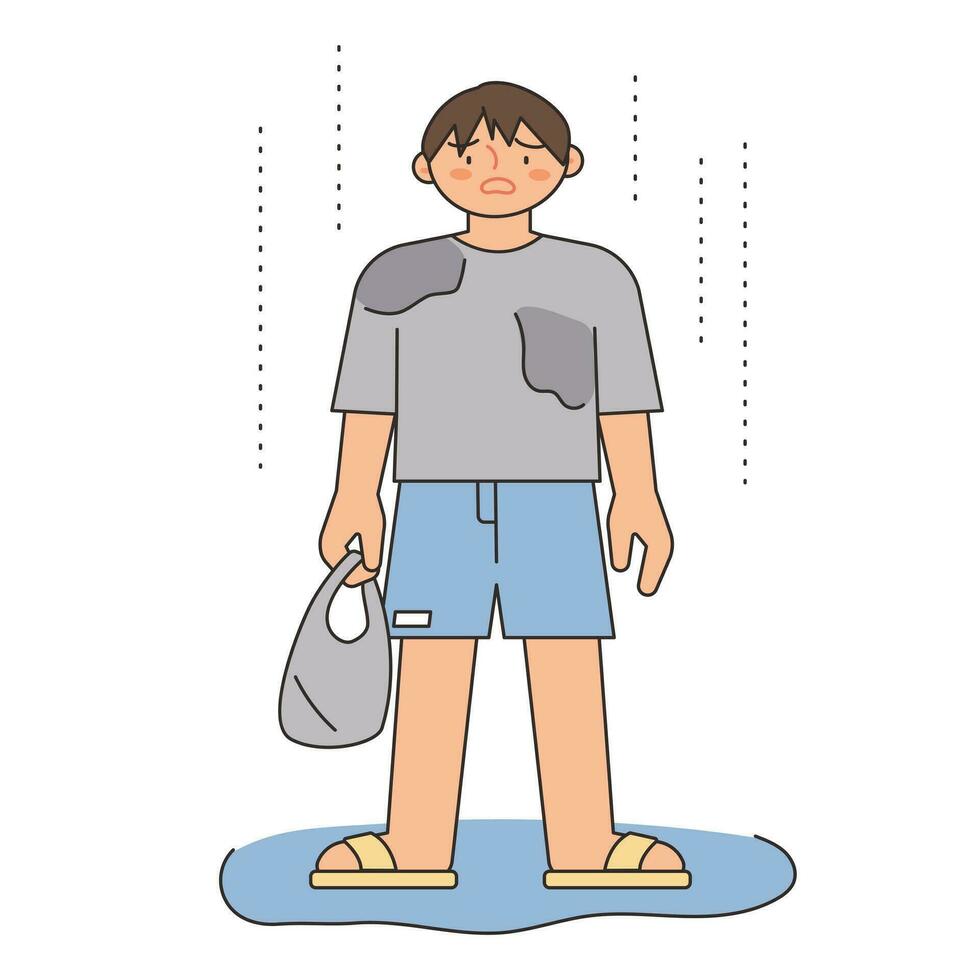Rainy Day. A man gets caught in the rain after going to the supermarket without an umbrella. Simple illustration with outlines. vector
