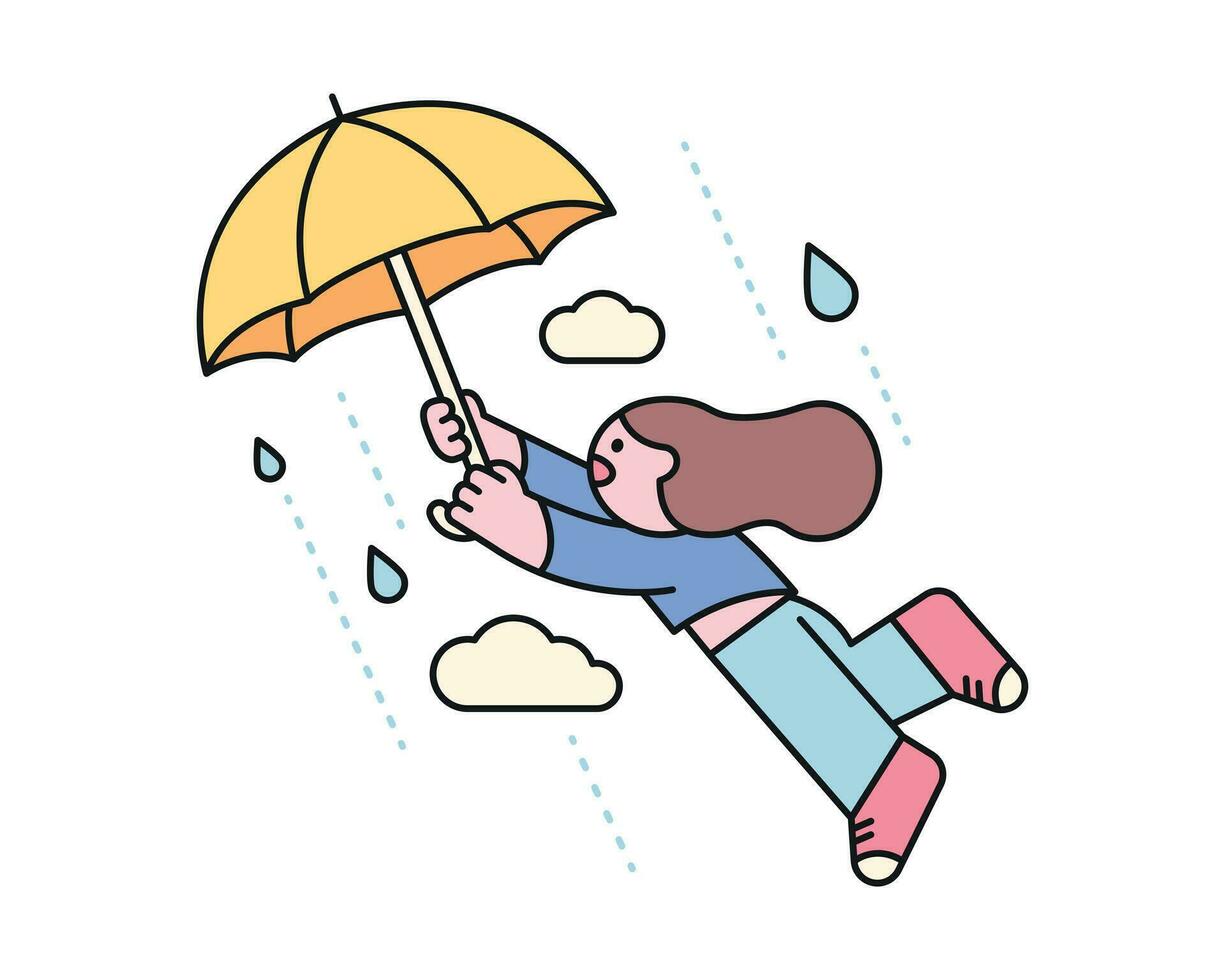 Rain day. A girl is holding an umbrella and blowing away in a strong wind. A cute and simple illustration with a thick outline. vector