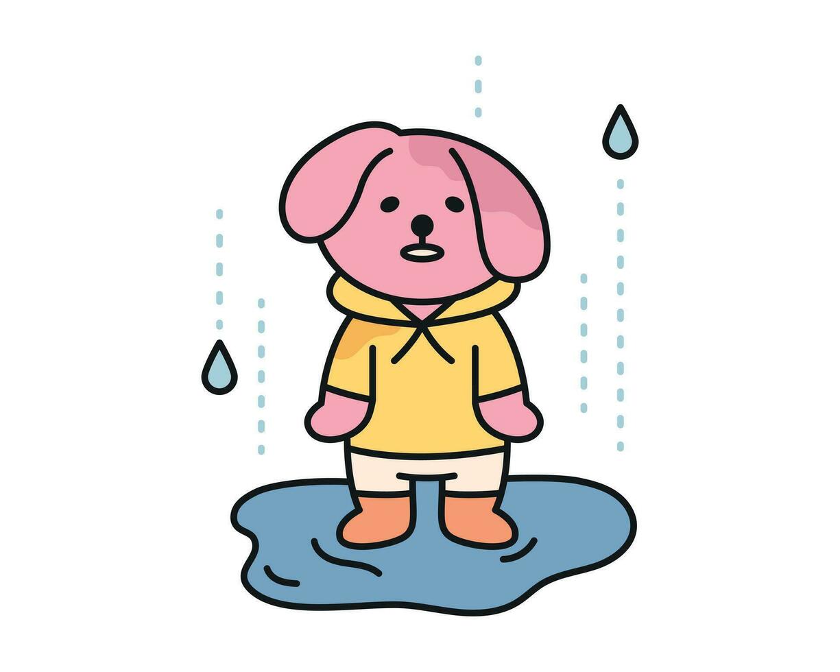 Rain day. The puppy is standing in the rain and wet. A cute and simple illustration with a thick outline. vector