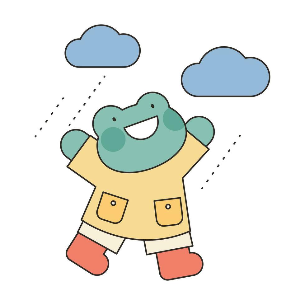 Rainy Day. A frog wearing a raincoat is enjoying the rain. Simple illustration with outlines. vector