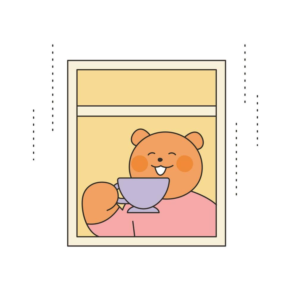 Rainy Day. The bear is drinking tea and watching the rain outside the window. Simple illustration with outlines. vector