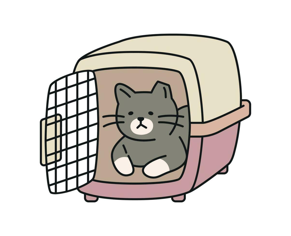 Cute cat. A TNRed stray cat is sitting in the carrier with a sad expression. vector