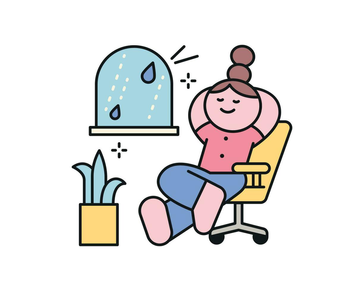 Rain day. A girl sits comfortably in a chair and listens to the sound of rain. A cute and simple illustration with a thick outline. vector