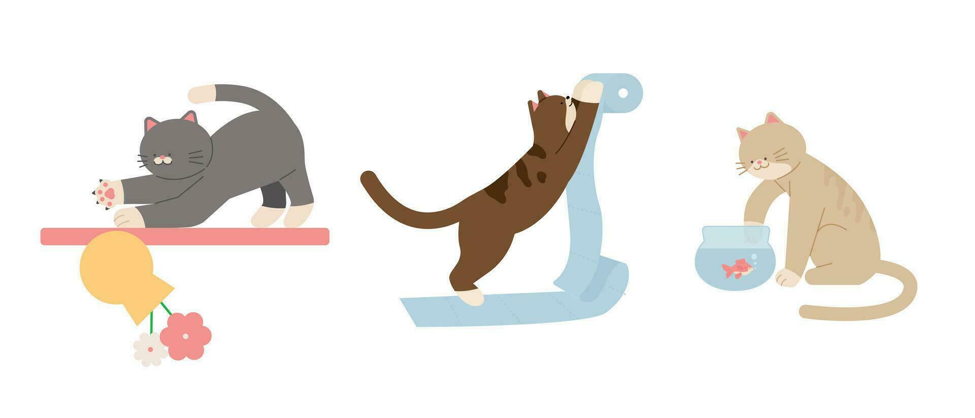 Cute cat. Mischievous cats dropping vases, unwrapping toilet paper, and reaching into fish tanks. vector