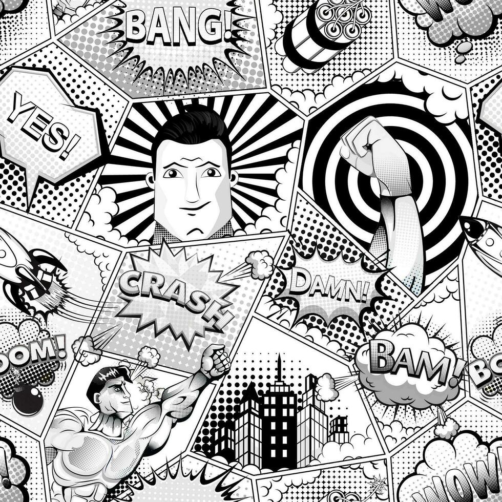 Seamless pattern of comic book page divided by lines with speech bubbles, rocket, superhero, and sound effects. Black and white vector illustration.