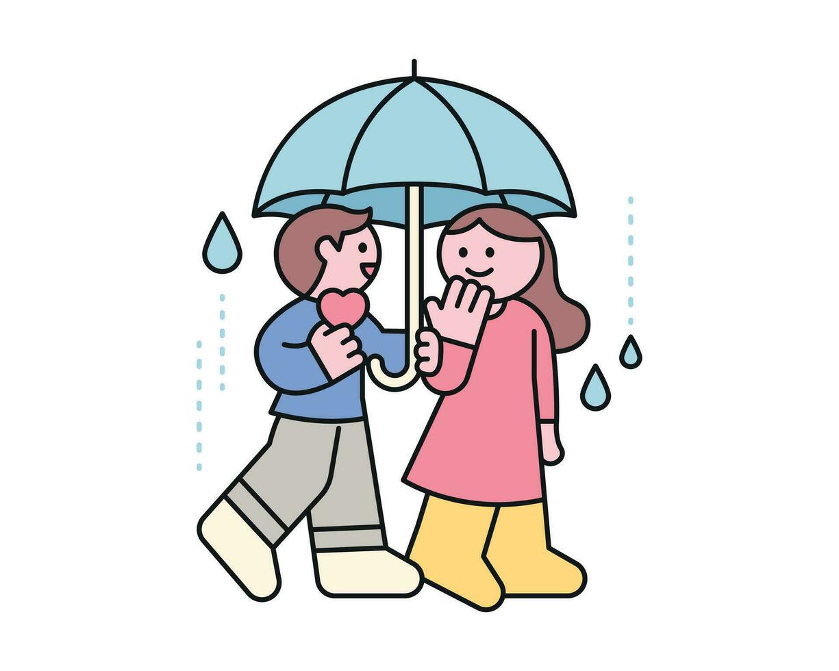 Rain day. A romantic couple sharing an umbrella. A cute and simple illustration with a thick outline. vector