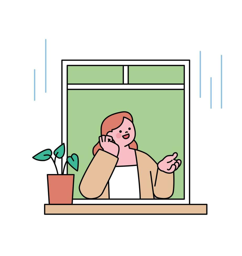 Rainy day. A woman is admiring the rain with one hand out the window. Simple flat design style illustration with outlines. vector