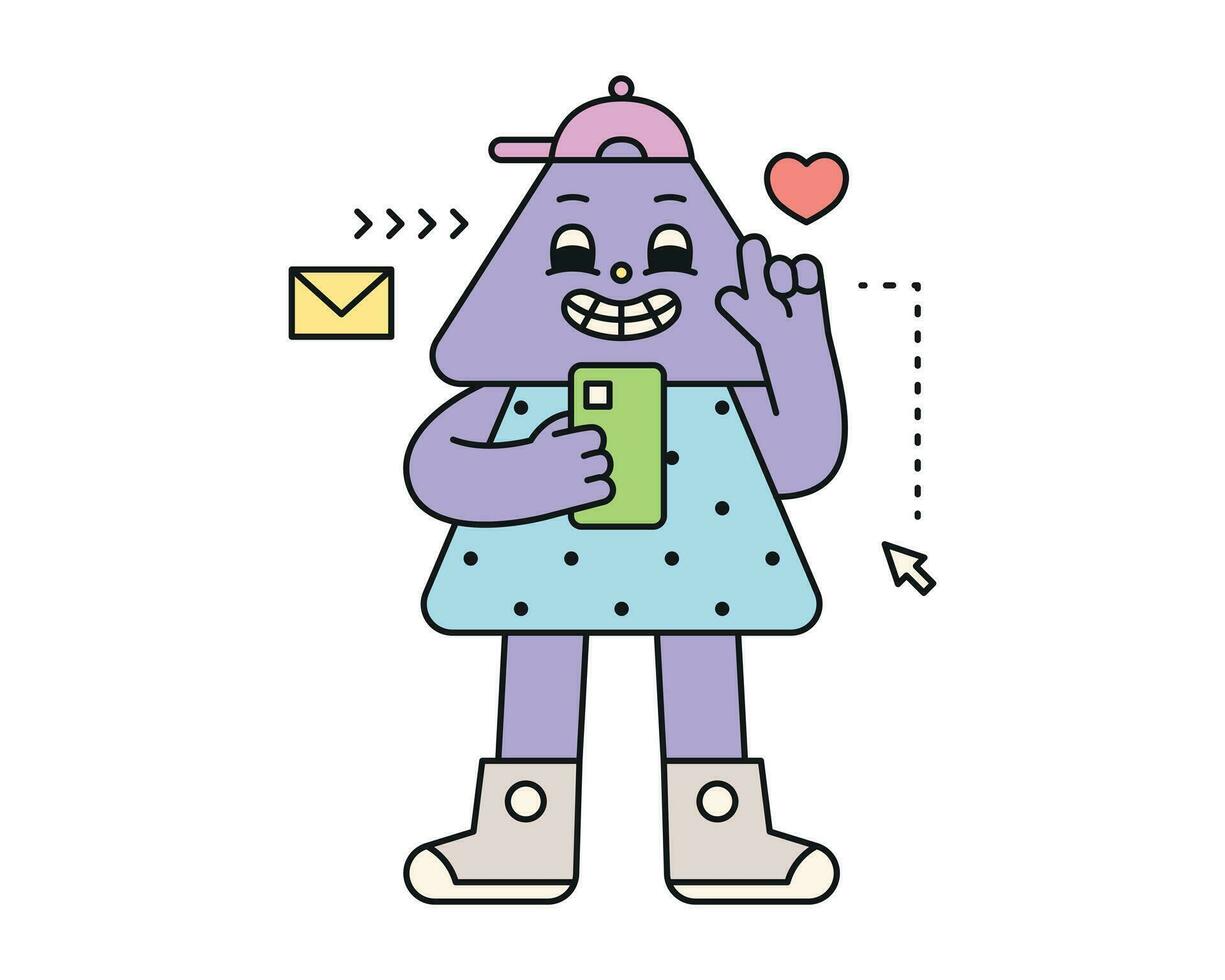 Cute abstract shapes characters. The young generation of the triangle is holding and using a smartphone. vector