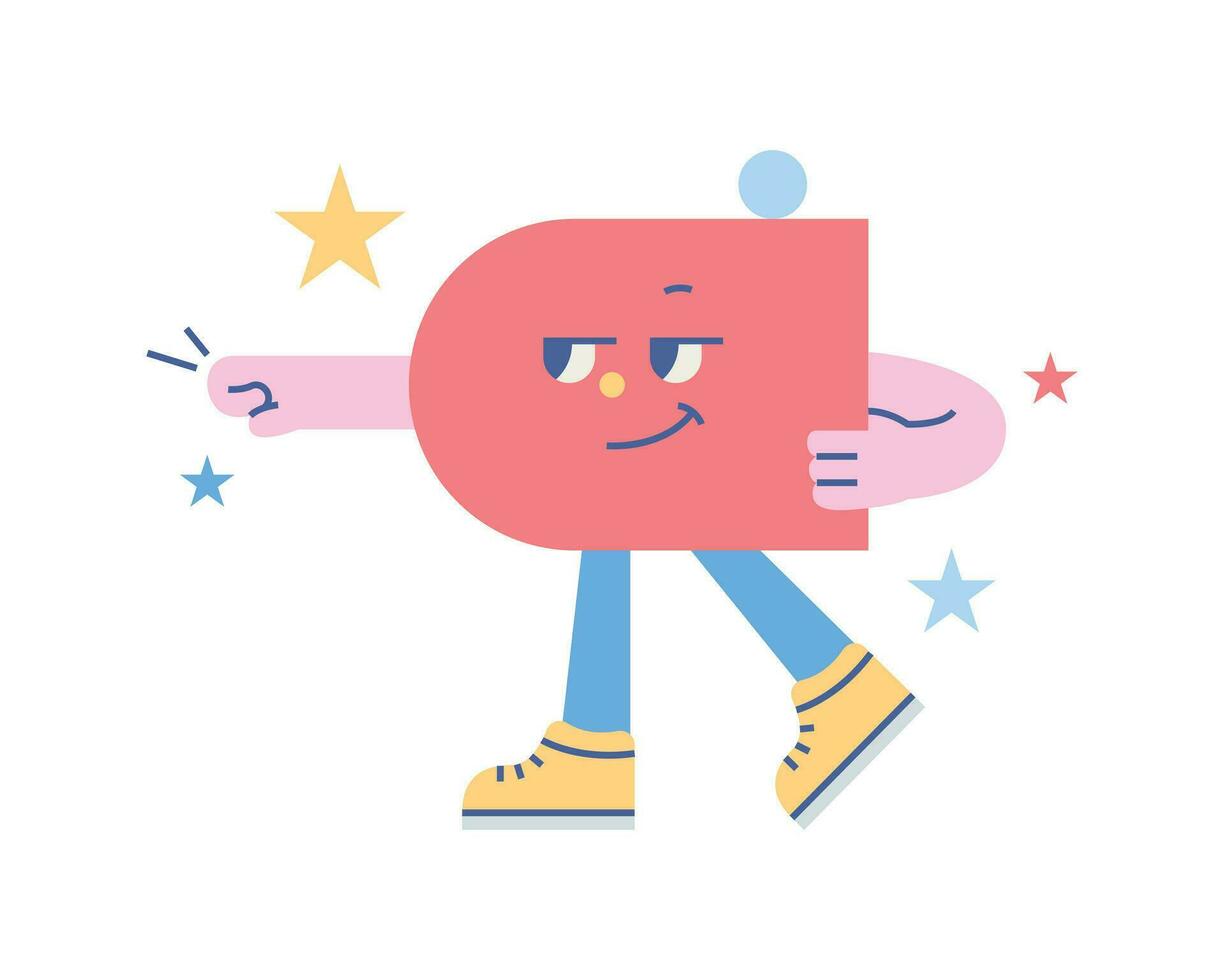 Cute shape characters. A figure with one side curved and the other straight is holding a fist forward and making a playful expression. vector