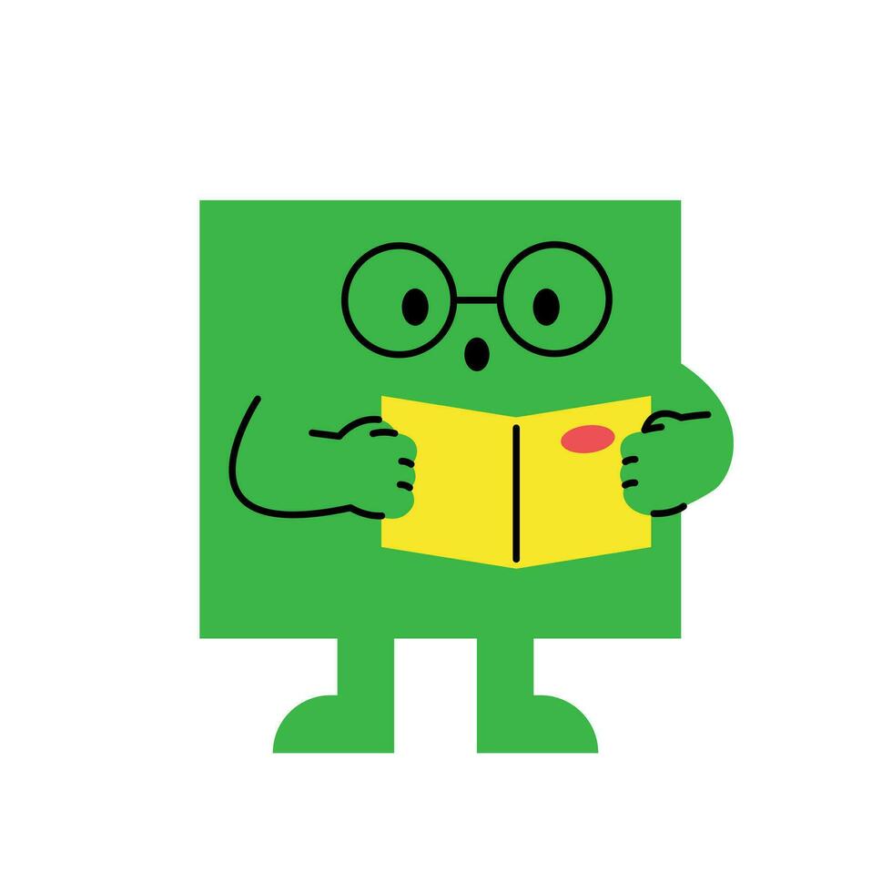 Cute abstract shapes characters. A green square with glasses is reading a book. vector