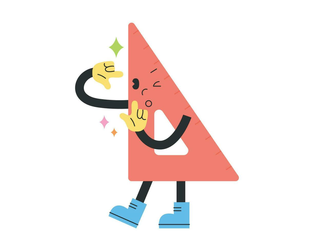Cute school supplies characters. Triangular ruler is taking measurements with his hand. vector