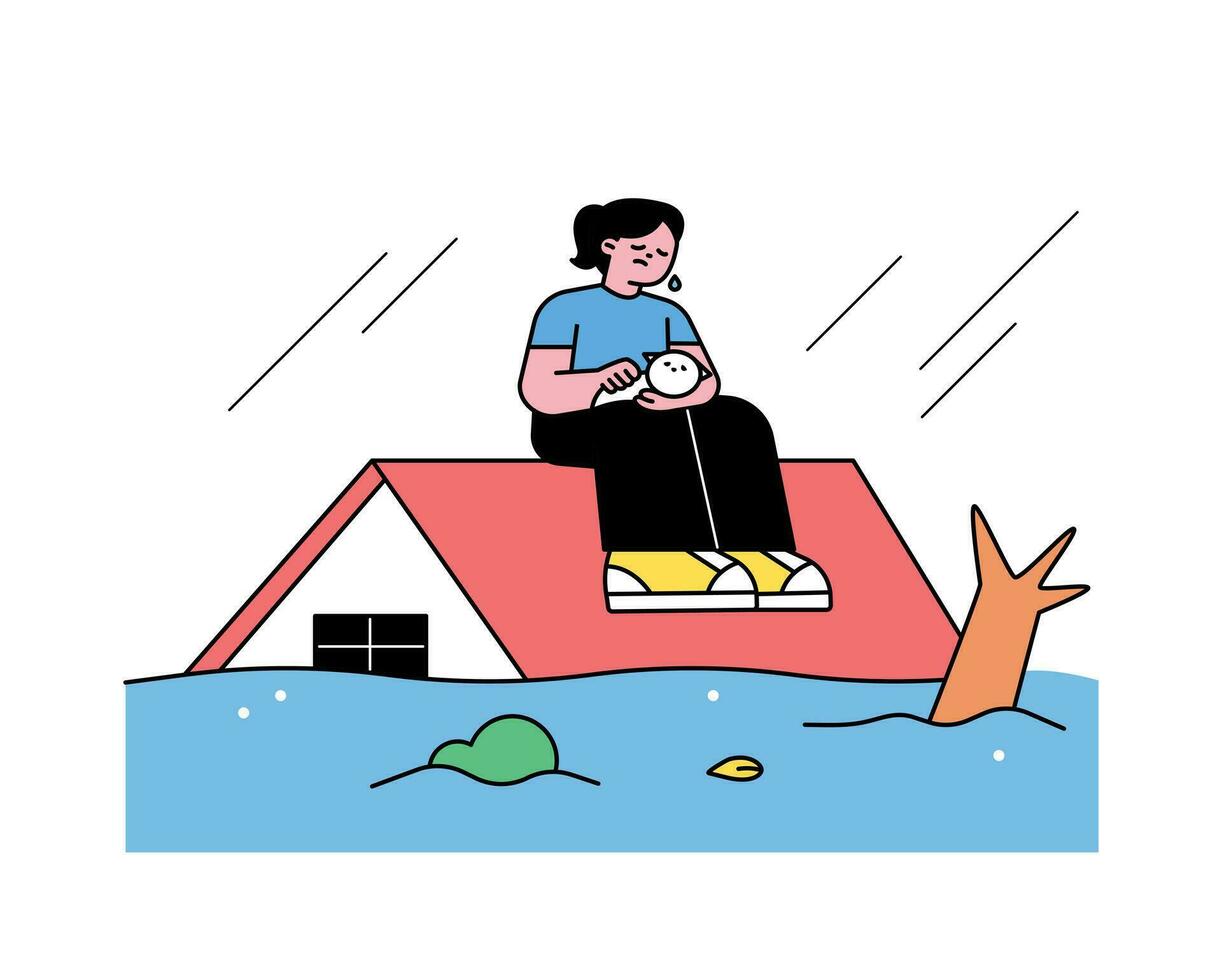 Rainy day. After flooding, a man sits on the roof with his dog. Simple flat design style illustration with outlines. vector