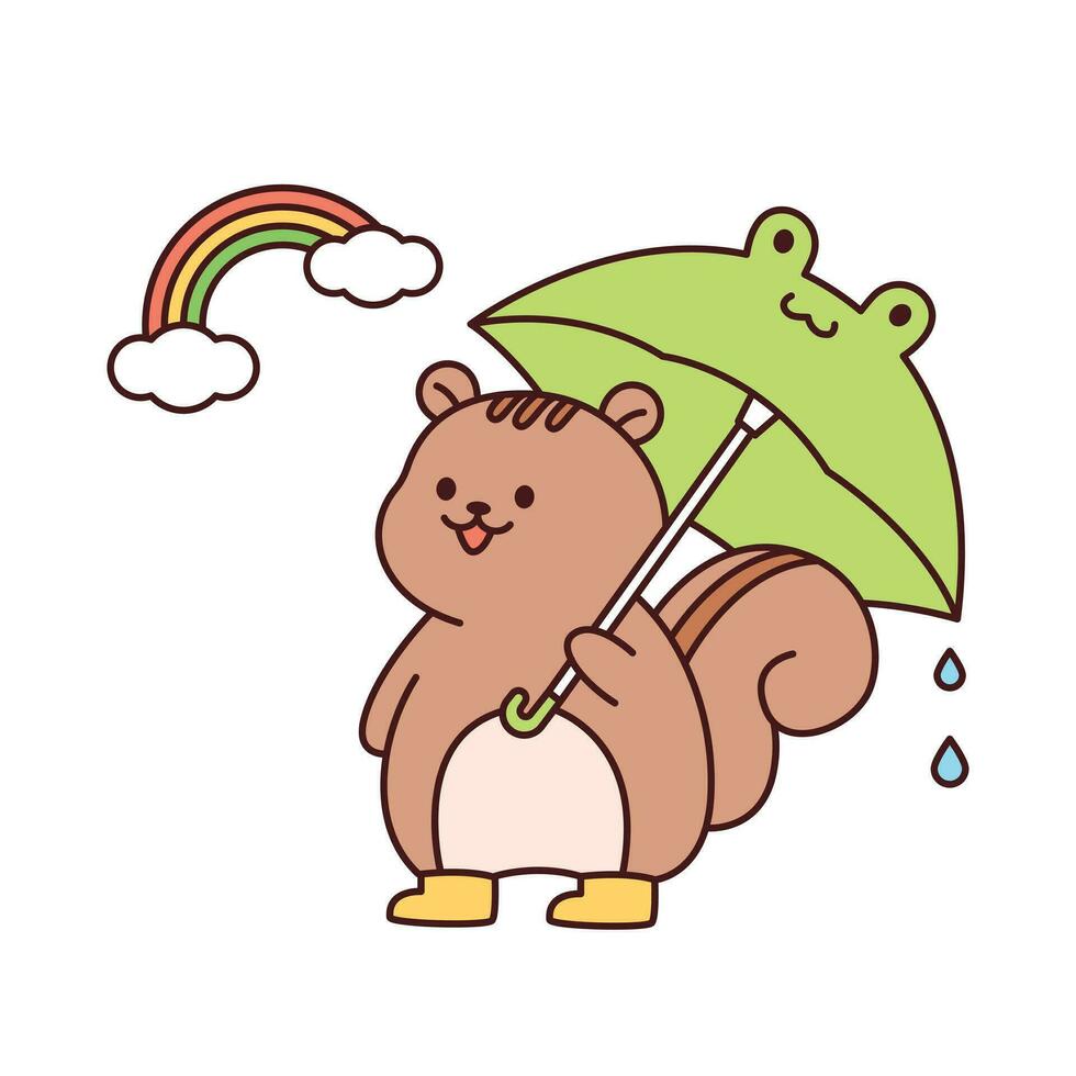 Rainy day. A squirrel with an umbrella is watching a rainbow. Simple flat design style illustration with outlines. vector