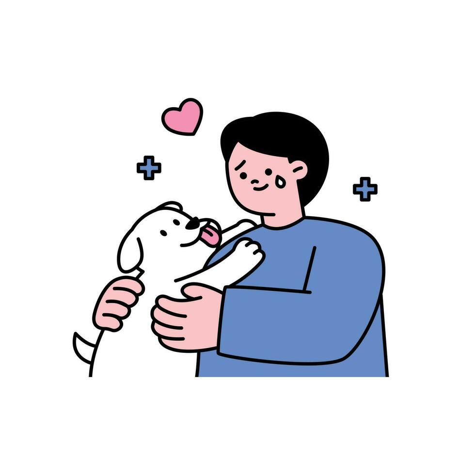 A man is comforting by hugging a cute dog. outline simple vector illustration.