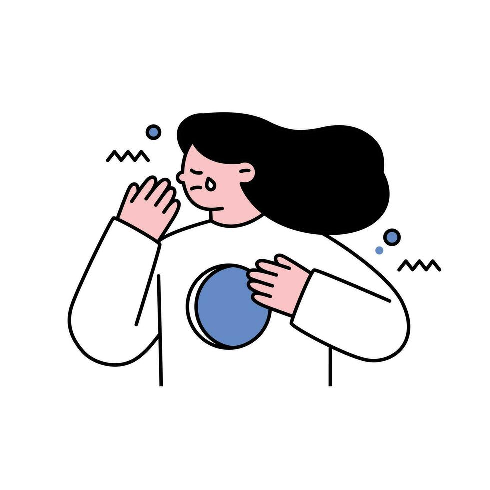 A woman is crying with a hole in her chest. outline simple vector illustration.
