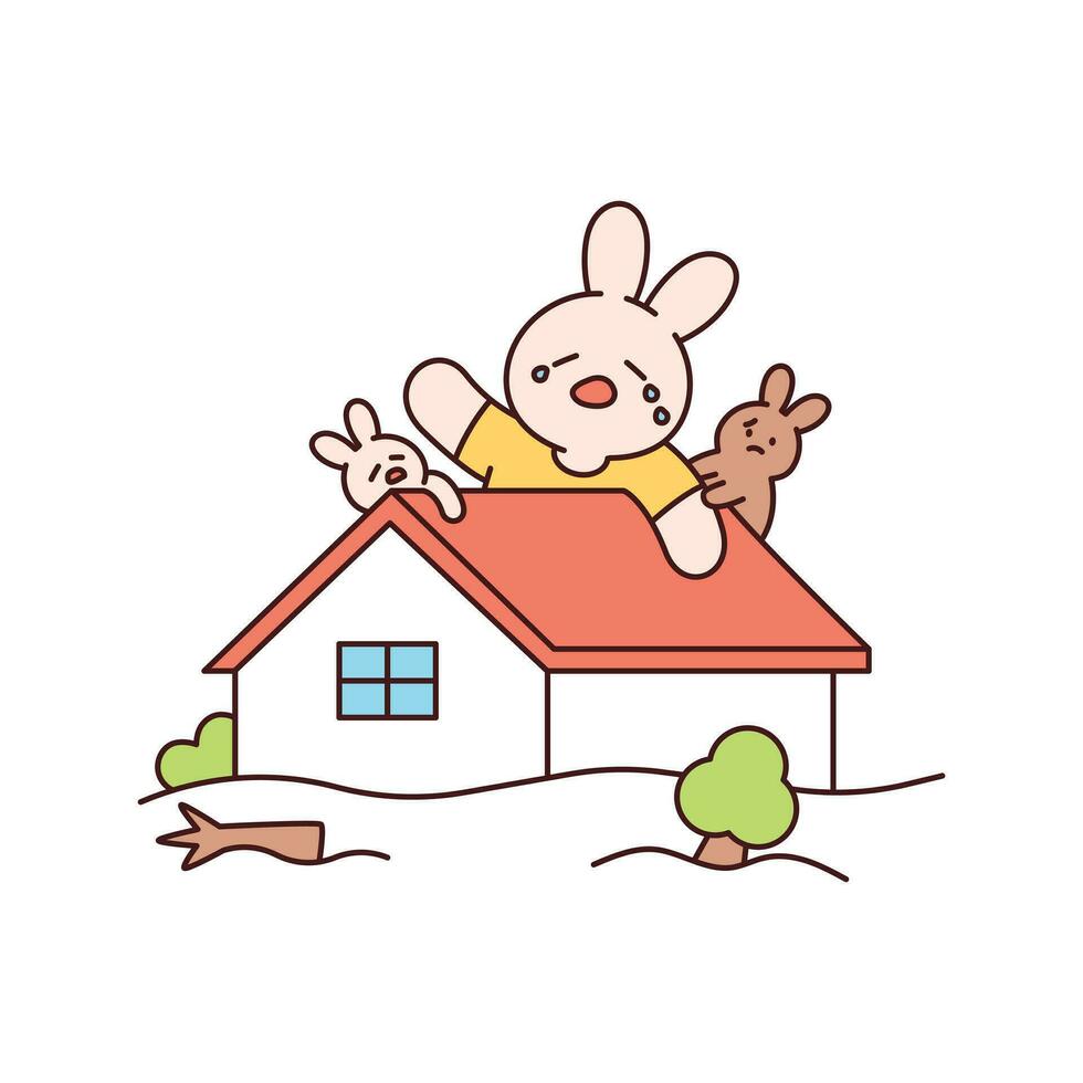 Rainy day. After the flood, the rabbit family took refuge on the roof. Simple flat design style illustration with outlines. vector