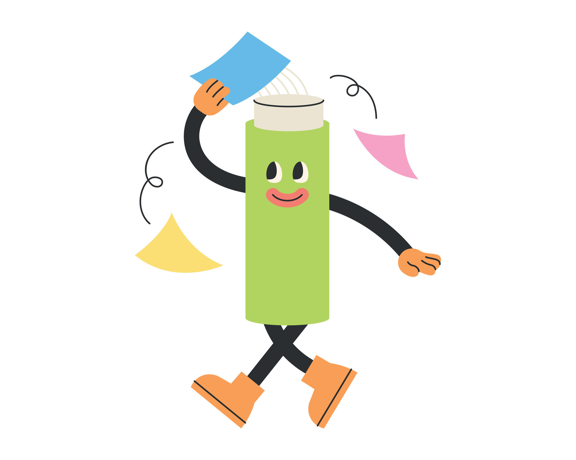 Cute school supplies characters. Glue stick is putting glue on the