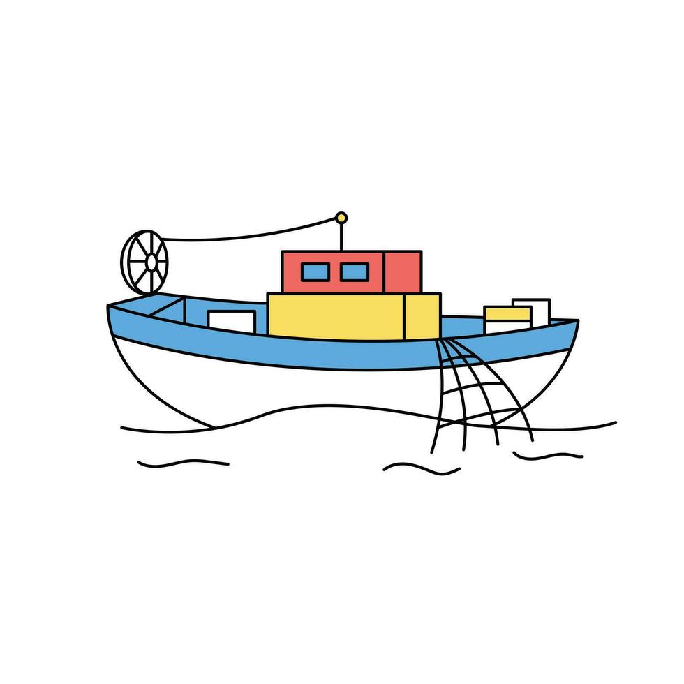 sea life illustration. A fishing boat catching fish with a net. vector