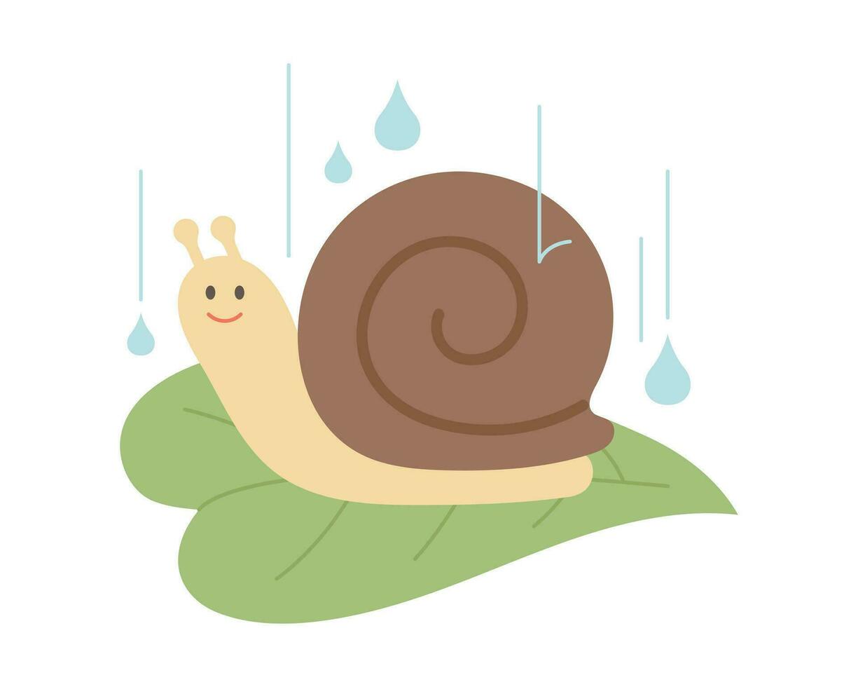 lluvia día. linda caracol en el hoja. sencillo ilustración en plano diseño estilo. vector