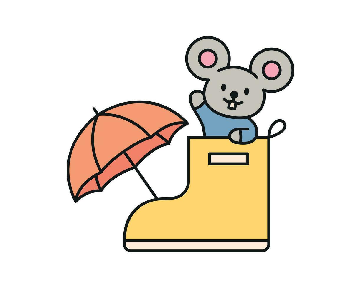 lluvia día. un ratón en un amarillo bota es diciendo Hola. un linda y sencillo ilustración con un grueso describir. vector