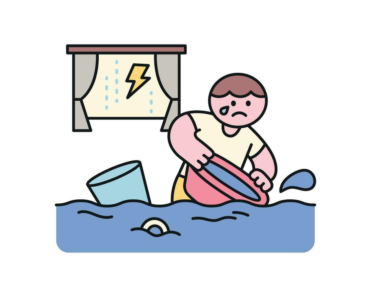 lluvia día. es lloviendo fuertemente, entonces un persona es recogiendo un lote de agua fuera de el casa. un linda y sencillo ilustración con un grueso describir. vector