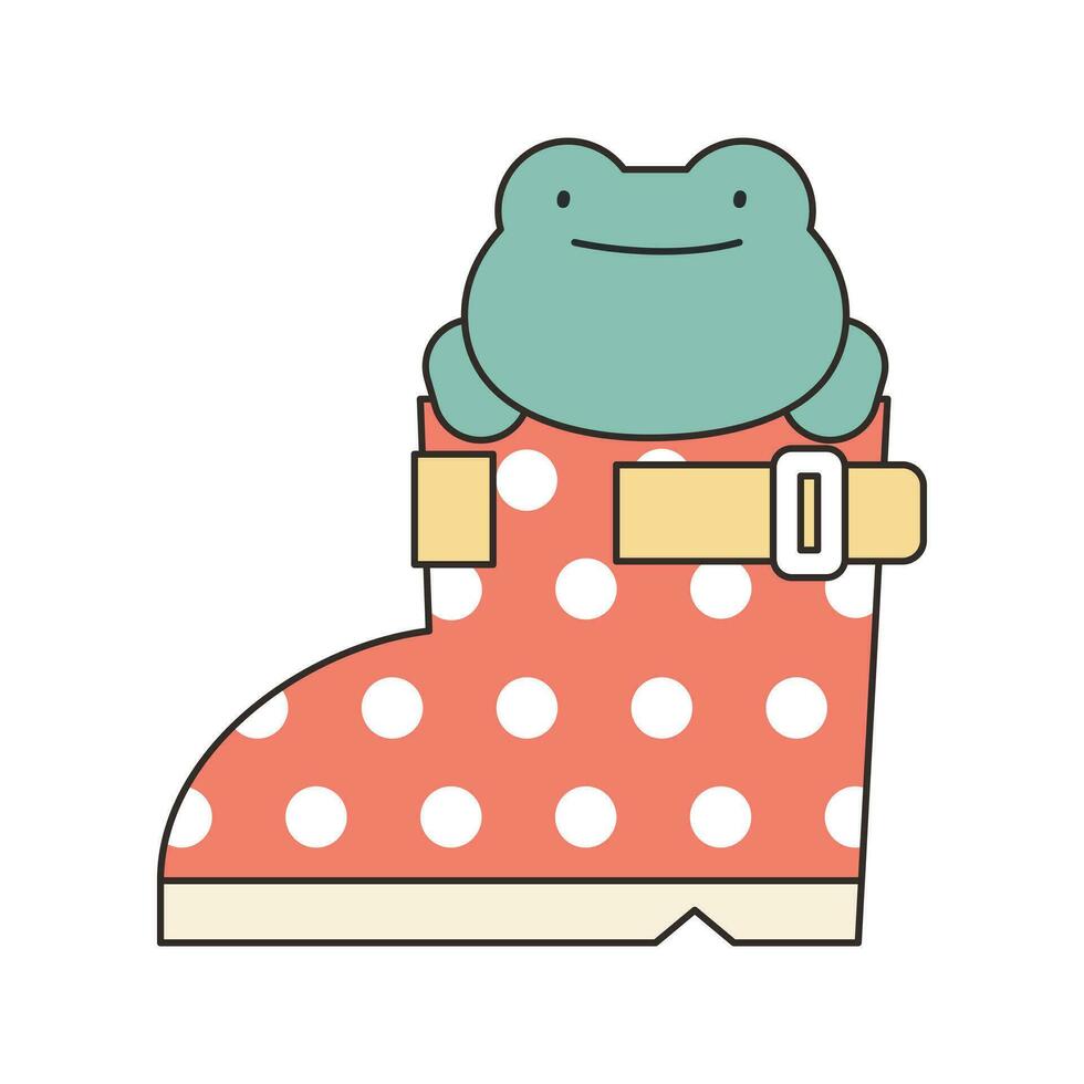 Rainy Day. There is a frog in a red spotted boot. Simple illustration with outlines. vector